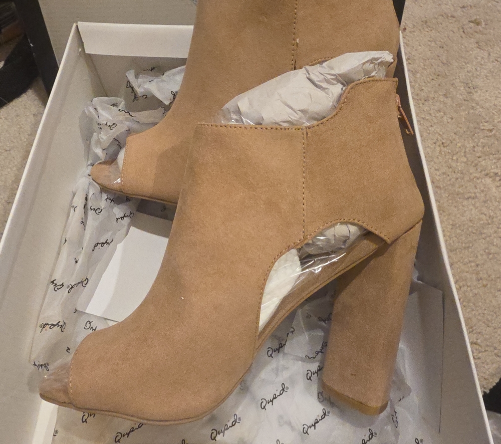 Qupid Tan Suede Peep-Toe Cutout Block Heel Booties